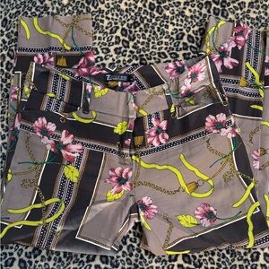 Avenue Brown Pants with Pink Floral and Yellow Chain Design